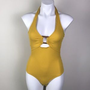 Halter Neck Rib Knit Bodysuit Mustard Yellow
